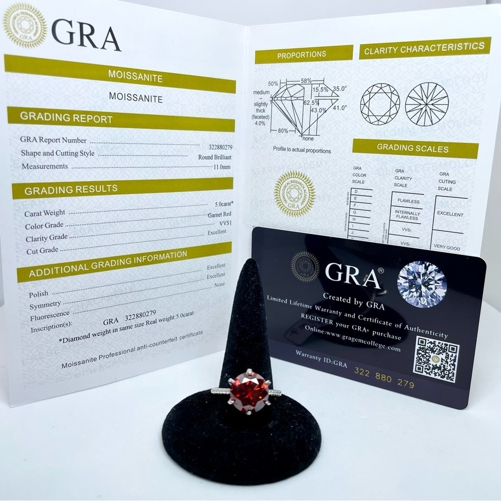 5 Carat Red Moissanite Ring 6 Prong Halo 18K White Gold Finish 925 Silver - Picture 4 of 15